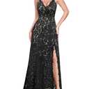 VFSHOW Womens Sexy V Neck Floral Lace Prom Formal High Slit Maxi Dress 2023 Spaghetti Strap Bridesmaid Wedding Guest Cocktail Evening Long Gown (Black, X-Small) 10905 BLK XS