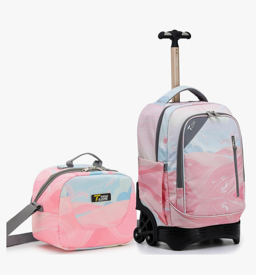 NEW TILAMI 18 inch Rolling Backpack for Girls – Waterproof, Large Capacity, Stair-Climbing Design, Adjustable Handle, Great for School, Pink Sunset
