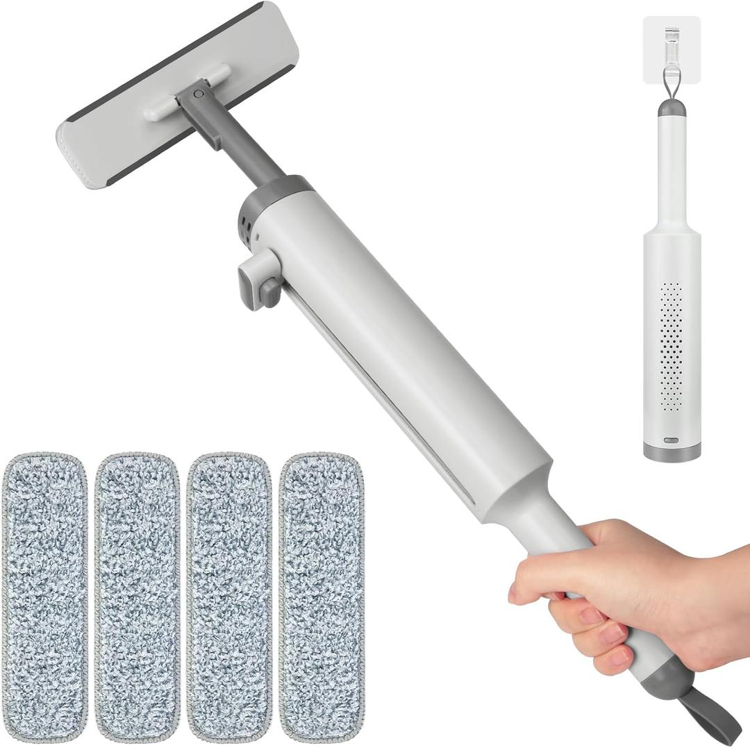 Portable Self-Squeeze Mini Mop, Short Rotatable Hand Wash-Free Flat Squeeze Mop with Crevice Brush and Reusable Microfiber Pads, Floor Cleaning System (Mop+4 Pads), Gray