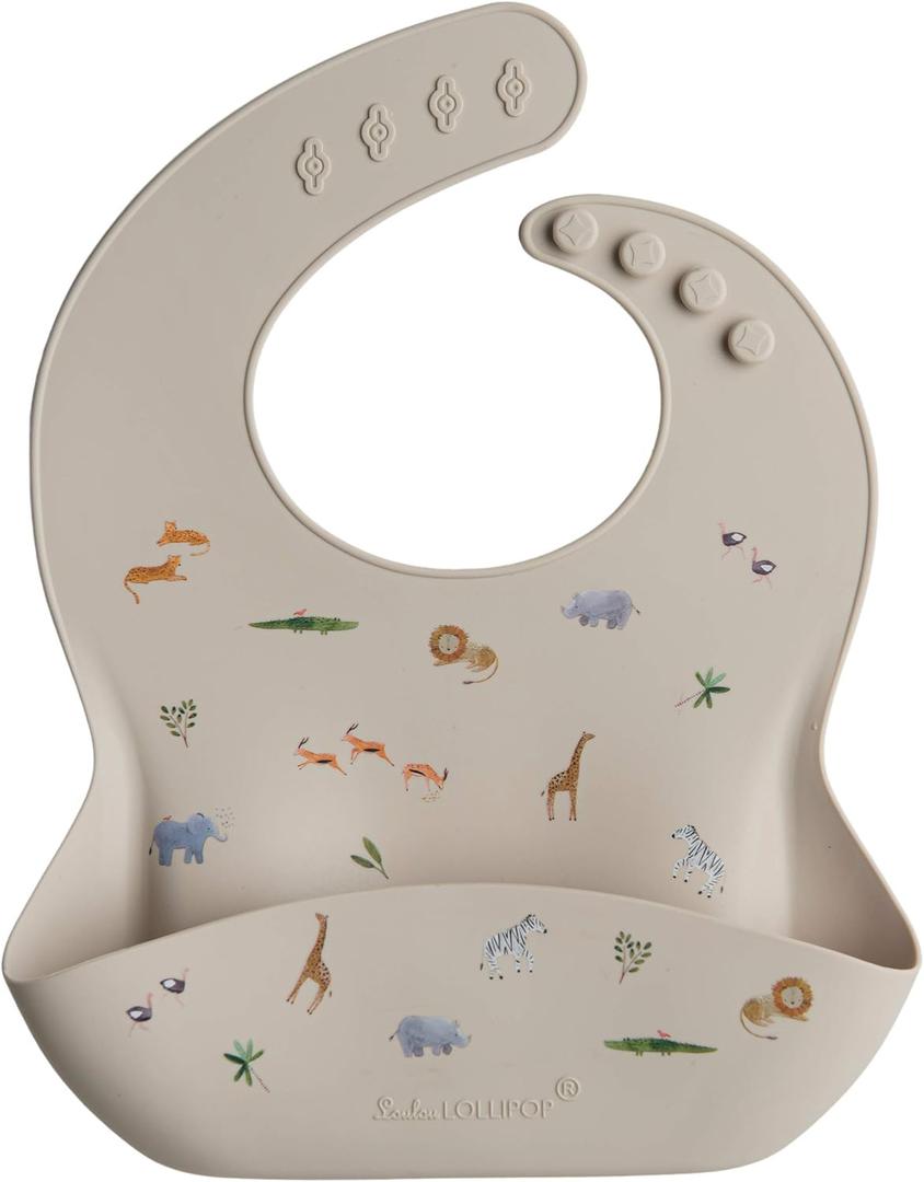 Loulou Lollipop Soft, Waterproof Silicone Feeding Bib for Babies and Toddlers (Safari Jungle)
