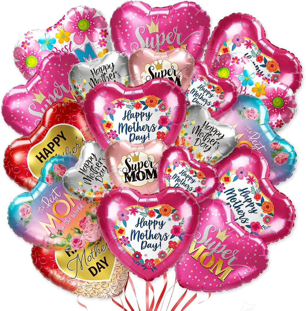 30Pcs Happy Mother's Day Balloons Set, 18'' 18pcs and 10'' 12pcs, Mom Balloons, Aluminum Foil Balloons for Mother's Day Decorations, Party Supplies and Grandmother's Birthday