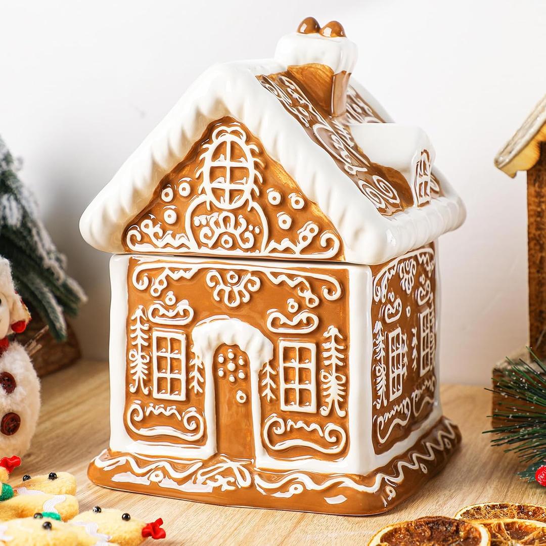 Chunful Gingerbread House Christmas Candy Jar with Lid 9.3 Inch Ceramic Christmas Cookie Jar Decorative Treats Storage Container for Holiday Kitchen Xmas Decoration Gift Counter
