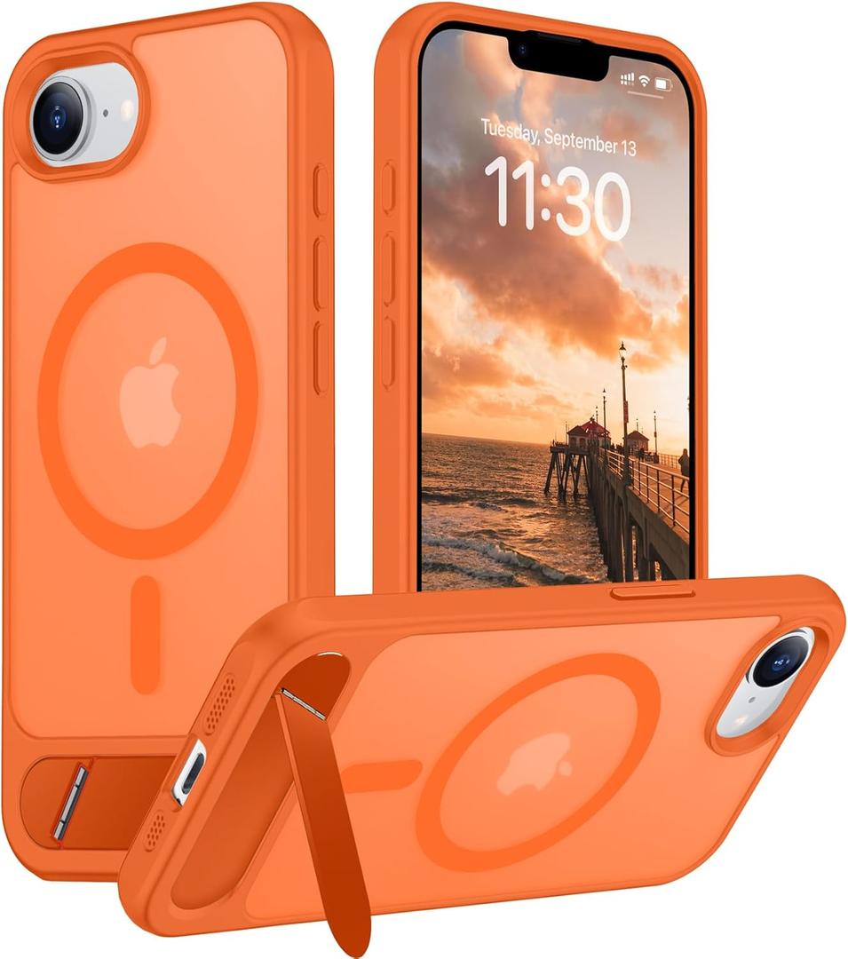 Temdan Magnetic Compatible with iPhone 16E Case, [Built-in Invisible Kickstand][Compatible with MagSafe][Military Grade Shockproof] Slim Translucent Matte Case for iPhone 16E 6.1" 2025 (Orange)