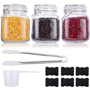 Mason Jars, 3 Pcs 34oz 1000ml Glass Food Storage Containers with Airtight Lids, Flour Sugar Storage Containers Sets for the Kitchen, With Metal Food Tongs & Measuring Cups & Sorting Labels