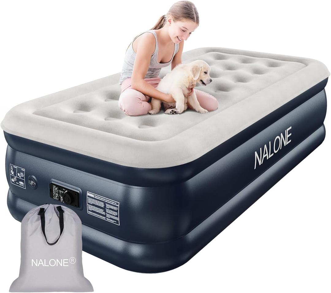 nalone Air Mattress Twin with Built in Pump, 18'' Luxury Self Inflatable Mattress, 2025 Upgraded Fast Blow Up Mattress with Carry Bag, Portable Air Bed for Home, Travel & Camping, 500lbs Max