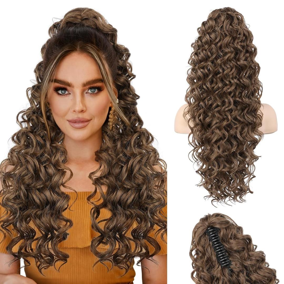HOOJIH Ponytail Extension, Clip in Ponytail 24 Inch Hair Extension Curly Wavy Ponytail Fluffy Soft Synthetic Fiber Hair Pieces for Women - Dark Golden Brown