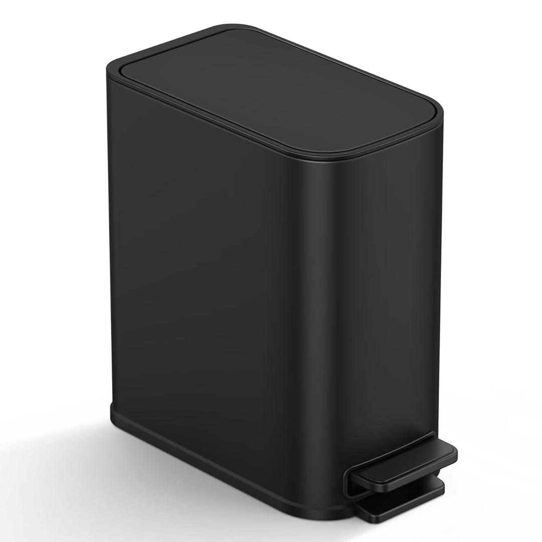 TIPGO Small Bathroom Trash Can with Lid Soft Close, Step Pedal, 1.3 Gallon / 5 Liter Stainless Steel Slim Garbage Can for Office, Diaper Waste Basket with Removable Inner Bucket (Matte Black)