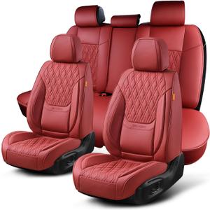 Car Seat Covers Full Set, Breathable Leather Automotive Front and Rear Seat Covers, Car Seat Protectors Full Set,Universal Automotive Vehicle Seat Cover for Most Sedan SUV Pick-up Trucks, Wine Red