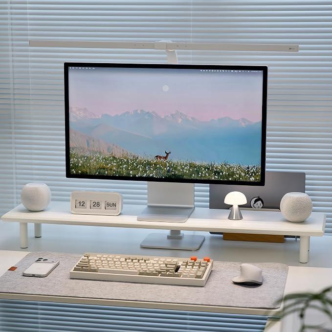 Bamboo Dual Monitor Stand Riser, White Desk Shelf with Storage, 9.37 x 9.06 x 4.33 inches