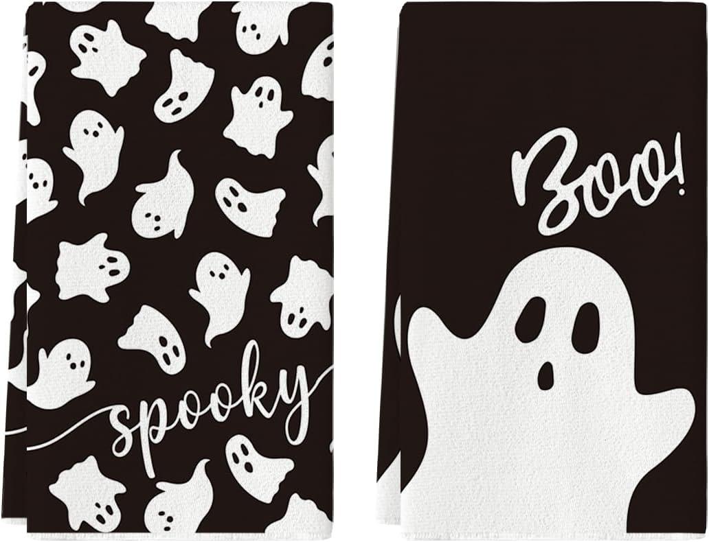 Artoid Mode Black Ghost Spooky Halloween Kitchen Towels Dish Towels, 18x26 Inch Boo Decoration Hand Towels Set of 2