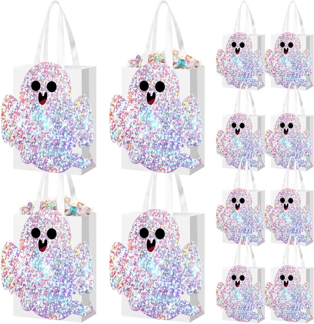 Yexiya 16 Pcs Iridescent Halloween Ghost Paper Gift Bags Party Favor Bags with Handle Holographic Candy Goodie for Halloween Birthday Holiday Party Supplies(Shiny Style)