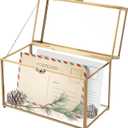 Golden Vintage Glass Keepsake Box | Wedding Card Box Glass Jwelry Lidded Box Decorative Box for Display,Clear Rectangle Box Rings Bracelet Earring Organizer (10 x 5.7 x 7.8inch, Large Capacity)