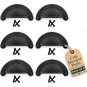 The Renovator's Supply Black Cast Iron Bin Cup Pull Handles 3 7/8" – Pack of 6 Cabinet Drawer Hardware