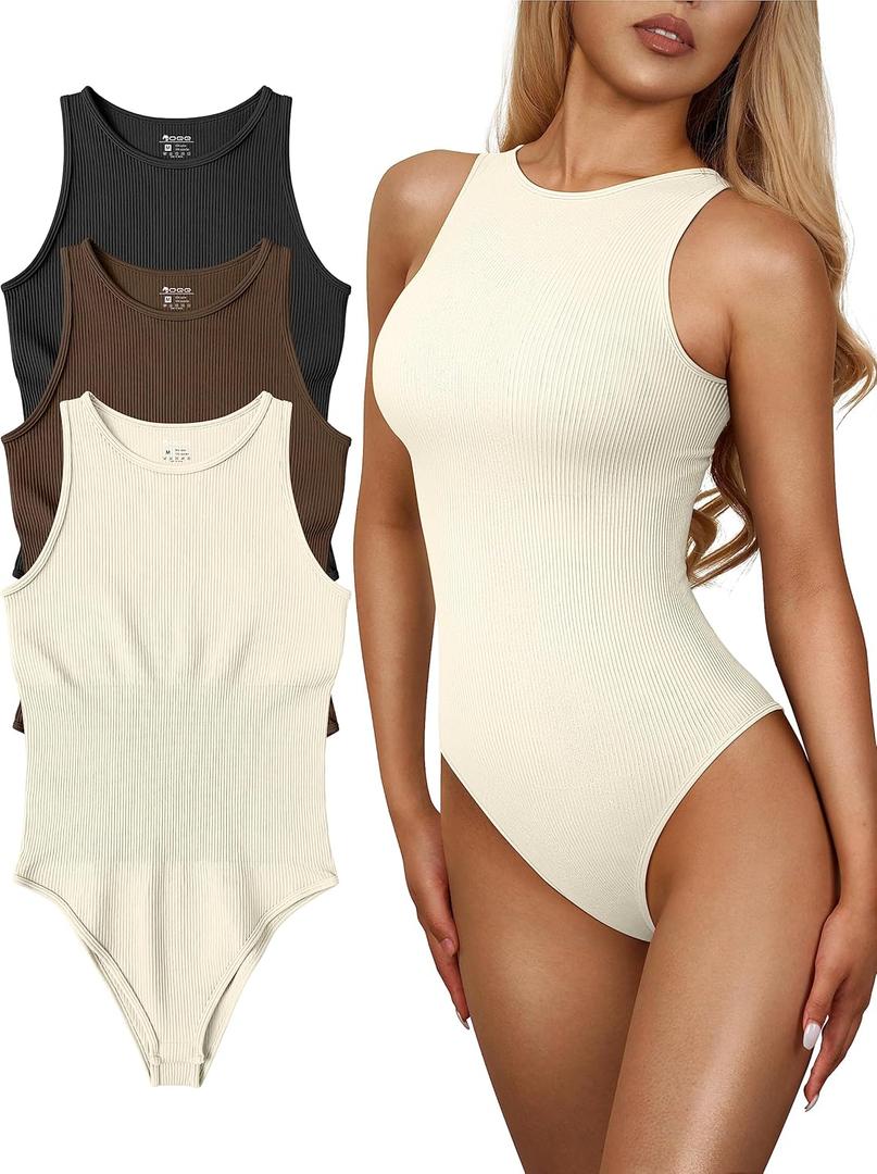OQQ Women's 3 Piece Bodysuits Sexy Ribbed One Piece Sleeveless Halter Neck Tops Leotard Summer Trendy (Large, Black Coffee Beige)