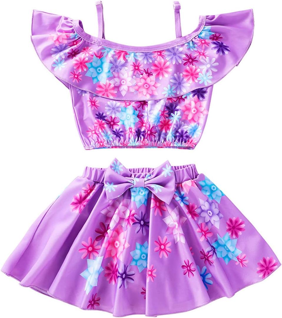 ATIMIGO Encanto Little Girls Swimsuit Isabela Two Pieces Ruffle Bathing Suit Princess Summer Beach Tankini Swimwear, Size 10-11, Purple