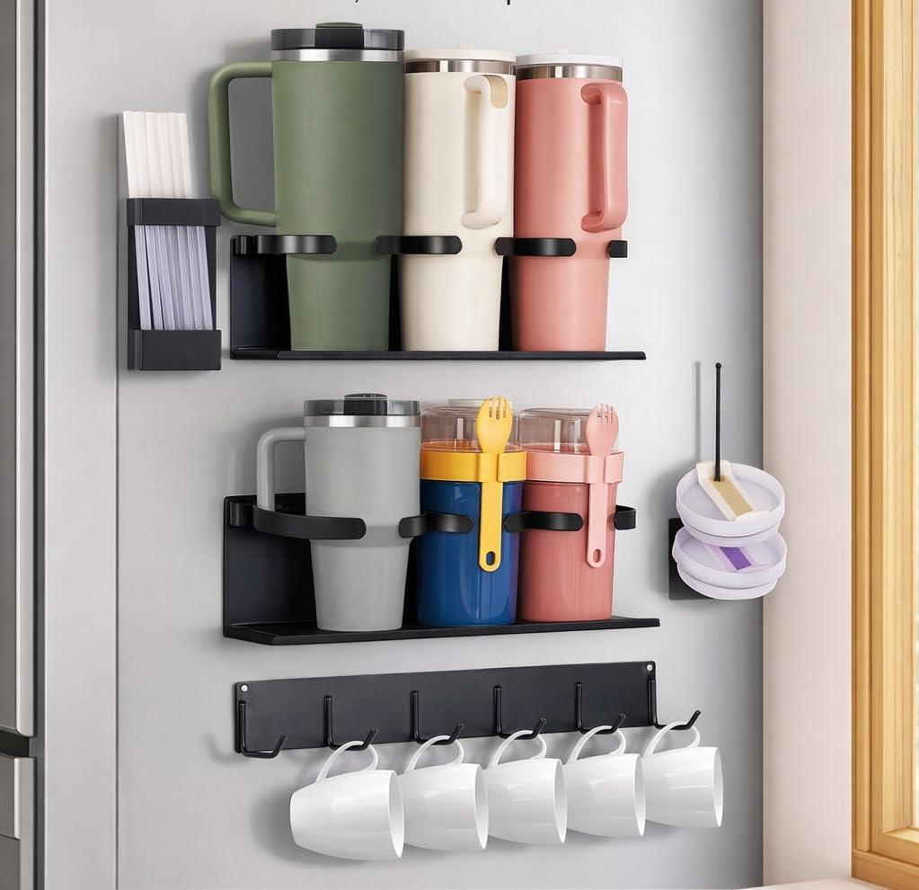 HAMARA Fiber-Steel Magnetic Stanley Cup Holder for Fridge 5-Piece Tumbler & Lid Organizer Set with Straw Rack & Hook Rail, Water Bottle Storage, Stanley Cup Accessories for Kitchen & Pantry