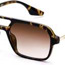 COASION Vintage 70s Flat Aviator Small Frame Sunglasses for Women Men Square Metal Design UV400 Protection Shades (B8 Leopard Frame/Gradient Brown Lens)