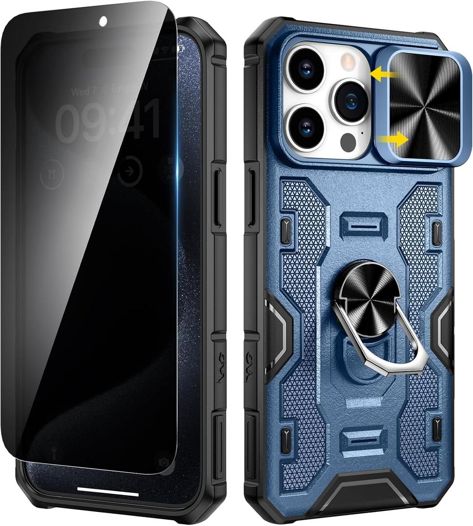 VEGO for iPhone 15 Pro Max Case with Camera Cover, 360Rotatable Ring Kickstand & Privacy Screen Protector Upgraded Military Grade Shockproof Case for iPhone 15 ProMax 5G 6.7 Inch - Dark Blue