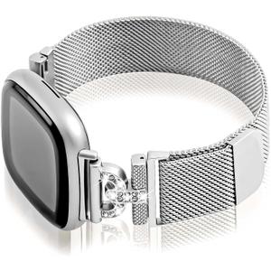Magnetic Bands Compatible for Fitbit Sense 2/Fitbit Versa 4/Fitbit Sense/Fitbit Versa 3, Mesh Stainless Steel Bling Strap, Dressy Replacement Adjustable Wristband for Women (Silver)