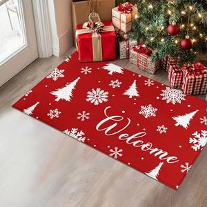 Lumiprinta Merry Christmas Snowflake Xmas Trees Red Decorative Door Mat, Rustic Low-Profile Outdoor Floor Mat for Yard, Kitchen, Bathroom, 17 x 30 Inch