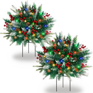 2 Pack Lighted Artificial Christmas Urn Filler, Battery Operated Pre-lit Xmas Pine Trees, Tripod Stake and 60 LED Lights, Holiday Porch Decorations for Porch, Yard, Garden, Flower Beds Multicolor