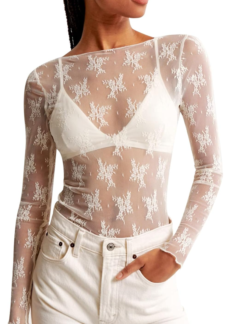 KTILG Womens Lace Long Sleeve Boat Neck Tops Embroidery Sheer Blouse Sexy See Through Shirt Mesh Top , S
