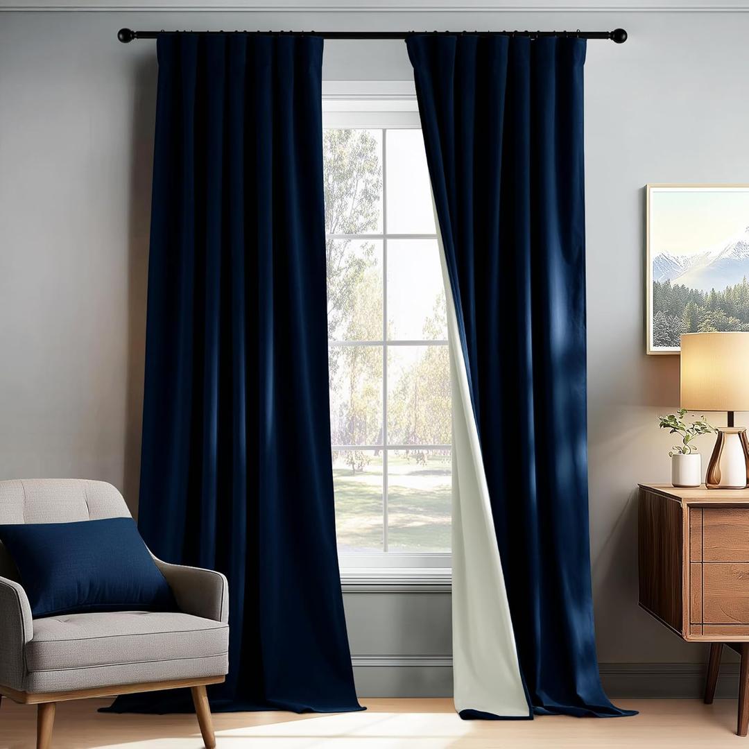 PONY DANCE 100% Blackout Curtains 108 inch Length 2 Panels Set, Navy Blue Velvet Thermal Insulated Window Drapes for Bedroom, Luxury Black Out Rod Pocket Back Tab Curtains for Living Room, W52 x L108