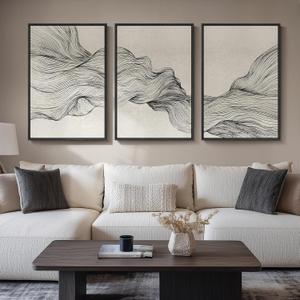Large Framed Black and Beige Neutral Abstract Wall Art for Living Room, 3 Piece Modern Canvas Prints Paintings Artwork for Walls, Minimalist Lines Pictures for Hallway Stair Office Wall Decor 24x36 In, 24" W x 36" H x 3Pcs
