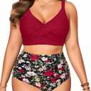 Plus Size Two Piece Swimsuit - High Waisted Bikini Set Tummy Control Bathing Suits for Women (Red Floral, 18 Plus)
