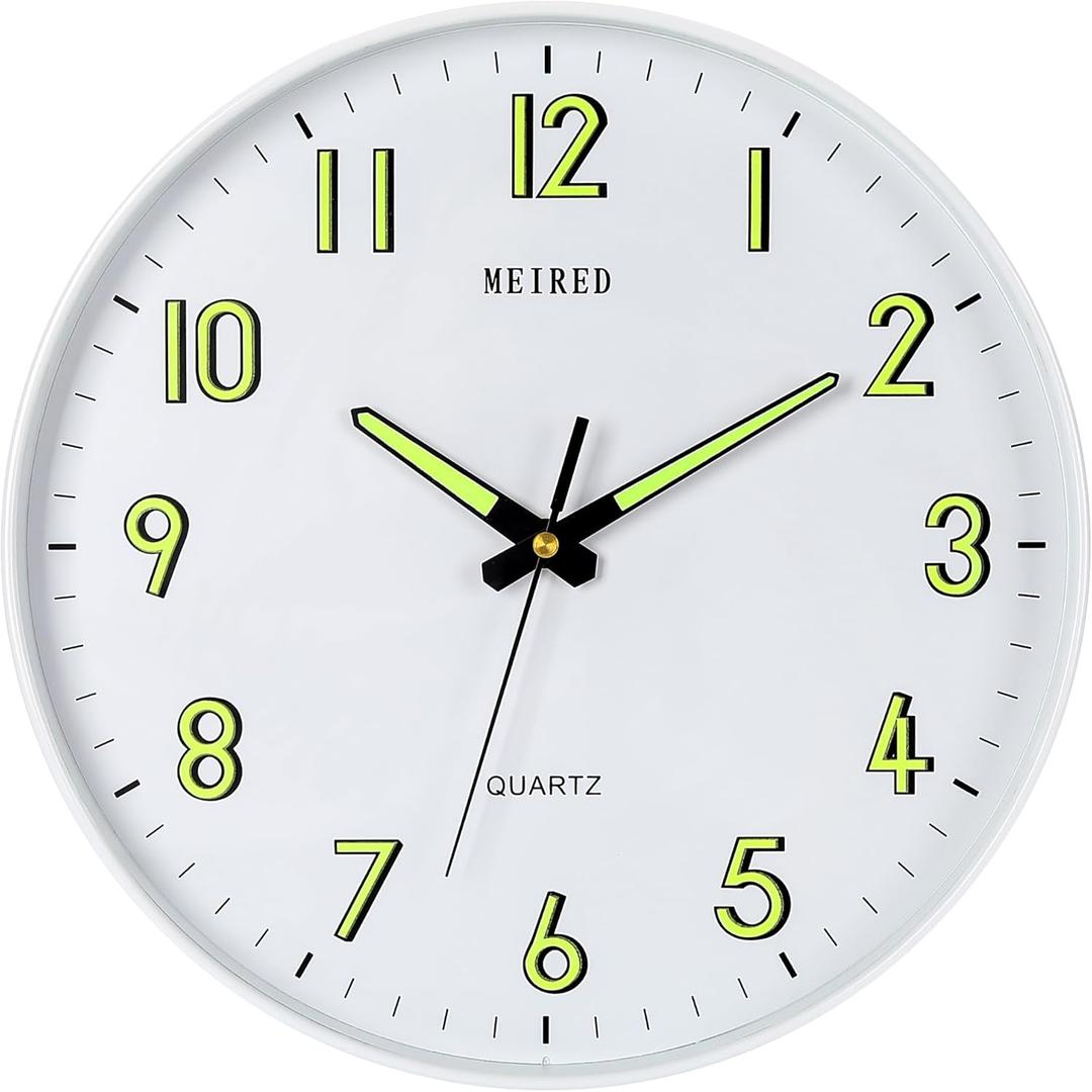 MEIRED Night Light Wall Clock 12 Inch Silent Non Ticking Battery Operated Wall Clocks Glow in The Dark, Lighted Up Wall Clock for Bedroom Living Room/Kitchen, White