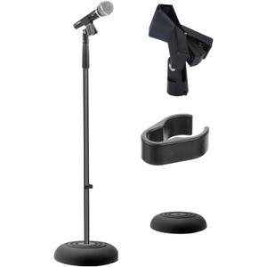 Pyle Adjustable Microphone Stand - Universal Mic Stand with Compact Heavy Base, Floor Standing Design, Height Adjustable, Pivot Angle Clip for Singing & Recording (2.8 - 5 ft., 9.8 Base Diameter)