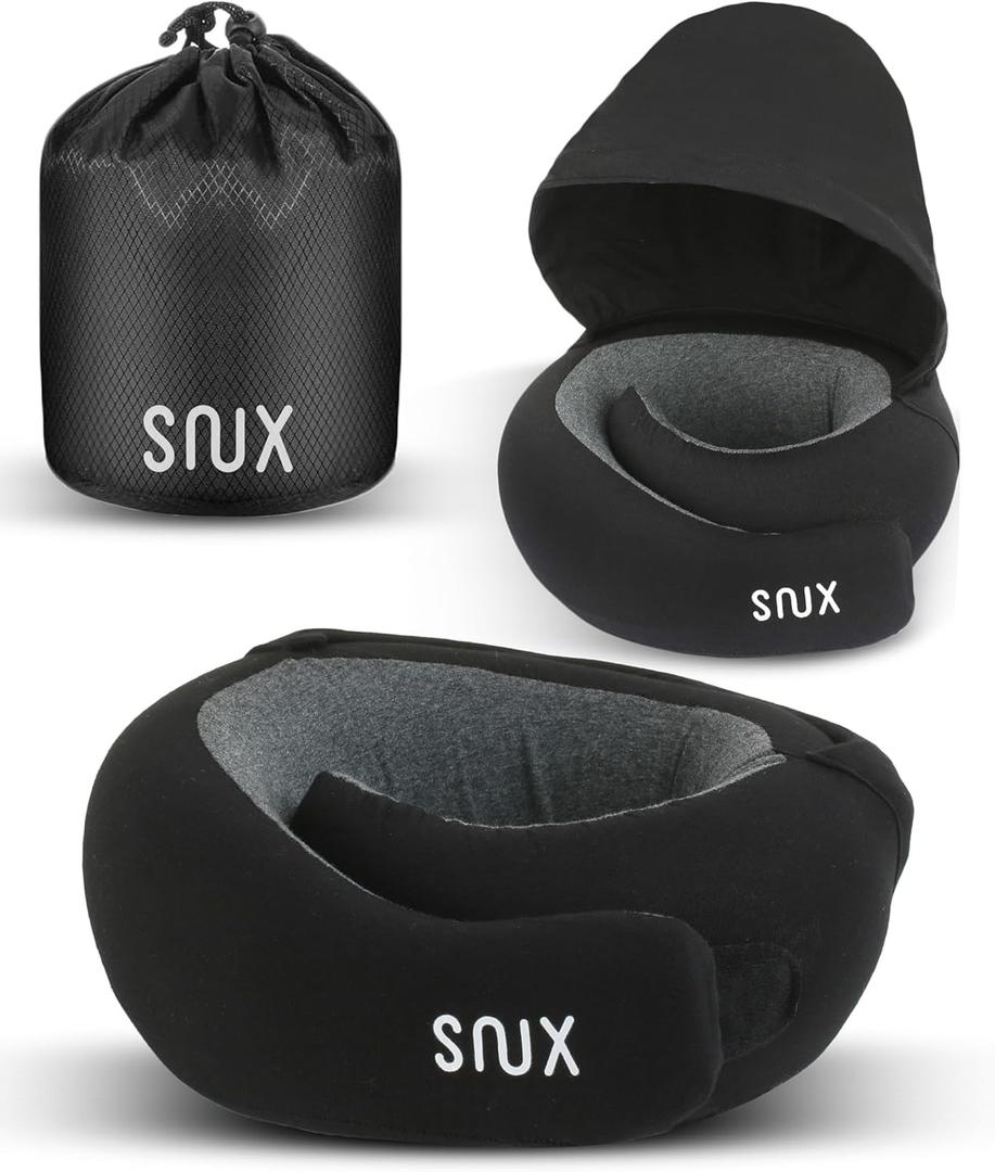 Snux Travel Neck Pillow with Hood - Memory Foam Neck Pillow - Hooded Travel Neck Pillows for Airplanes Car Rides & Home Relaxation (Black)
