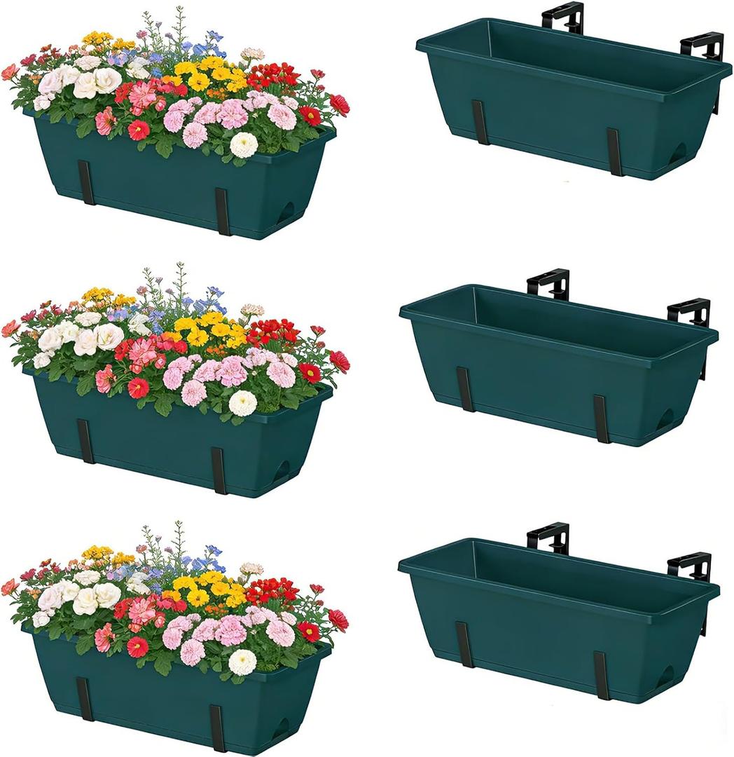 6 Pack Deck Railing Planter Boxes Outdoor Fence Planters with Drainage Holes, 17 Window Boxes Planters with Adjustable Metal Brackets for Garden, Balcony, Patio, Green
