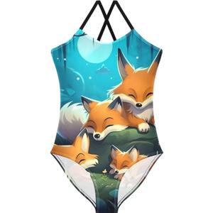Girls One Piece Swimsuits, Cute Red Panda with Bubble Tea Cartoon Beach Bathing Suit Sport Halter Swimwear, 3T