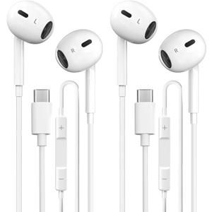 USB C Headphones 2 Pack, Type C Earphones with Microphone & Remote Control Noise Cancelling Wired Earbuds USB C for iPhone 17 16 15 Pro Max, iPad Pro, Samsung Galaxy S25 S24 Ultra, Pixel 9 (White)