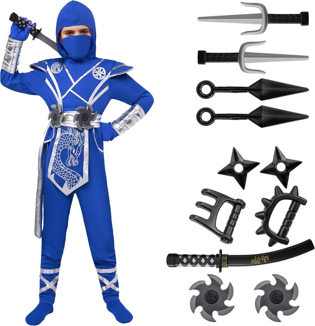 Spooktacular Creations Halloween Ninja Costume Kids, Ninja Dragon Jumpsuit Set, Boys Halloween Costume for DressUp Party (Medium(8-10 yrs), Blue+sliver)