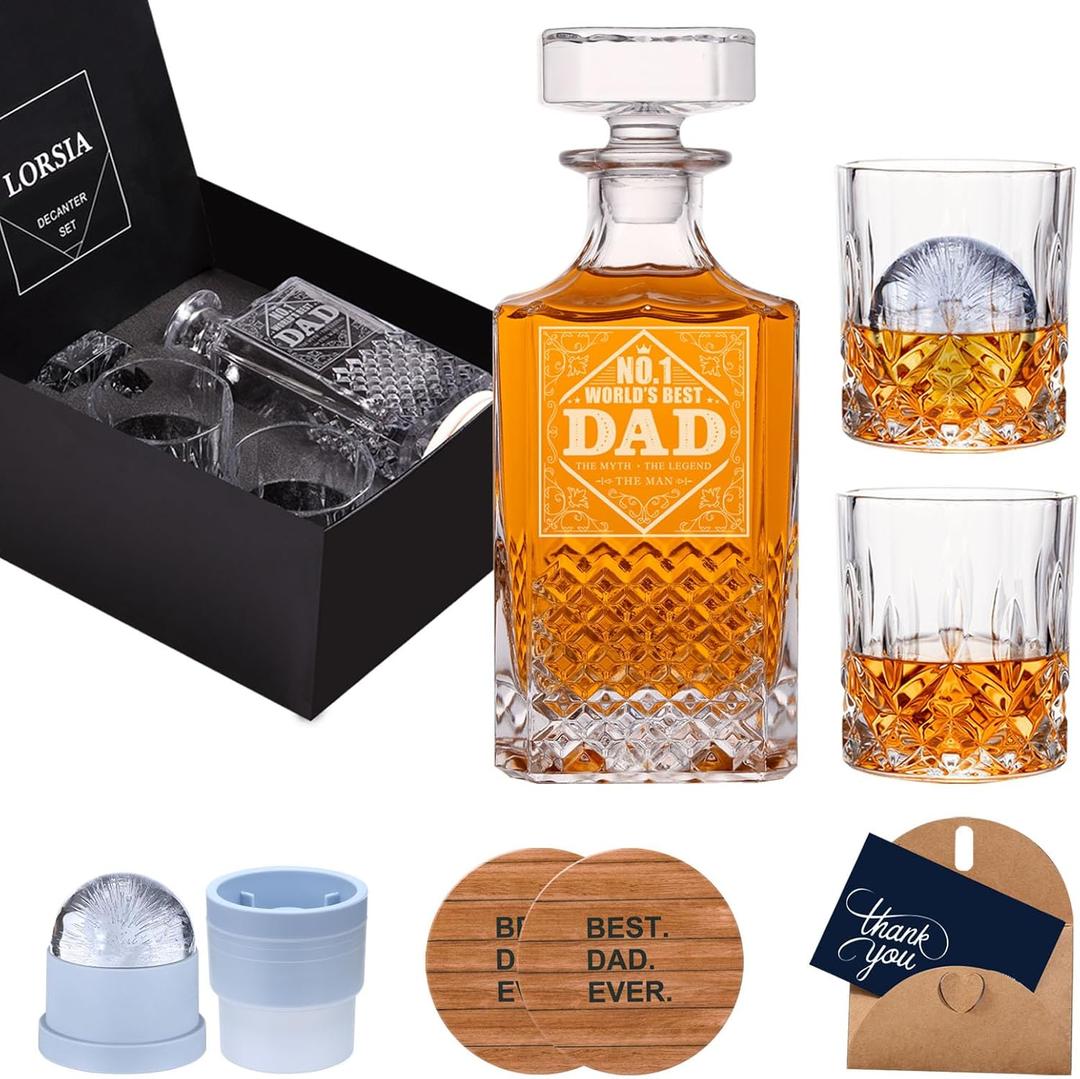 Gifts for Men Dad, Whiskey Decanter Set with Gift Box, Unique Christmas from Daughter or Son, Perfect Birthday and Retirement Present for Men - Includes 2 Ice Molds, 2 Coasters, and a Gift Card, 7 Count