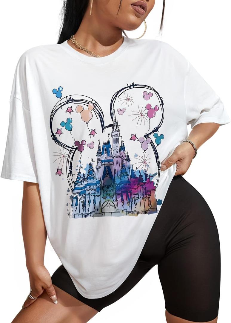 Flafens Oversized Tshirts for Women - T Shirt Graphic Tees Loose Crewneck Pattern Sleeve Cute Print Fashion Summer Tops Cool Girly Design Teen Girls, XX-Large, Castle