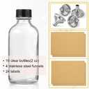 18 Pack, 2 oz Small Clear Glass Bottles w/ Lid & 4 Stainless Steel Funnels - 60ml Boston Sample Bottles - Mini Travel Essential or Decorative Bottles for Potion, Juice, Wellness, Ginger Shots, Whiskey