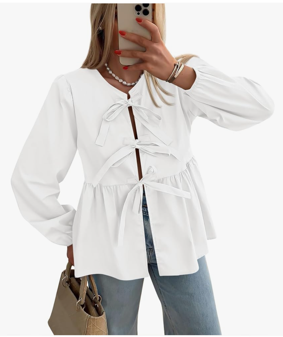 Women's Spring Fall Babydoll Peplum Blouse Shirt Puff Long Sleeve Bow Tie Front Trendy Cute Y2K Going Out Tops, XXL
