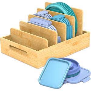 Retro Shaw Bamboo Food Container Lid Organizer with Adjustable Dividers for Cabinet, Lid Organizer for Plastic Lids and Covers Kitchen Storage and Organization (Tall)