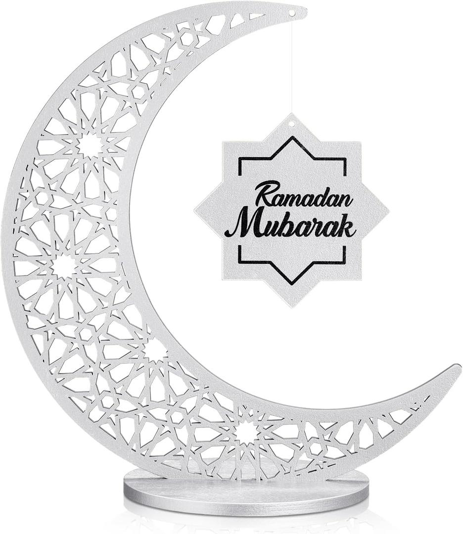 DoubleFill Ramadan Decorations Wooden Ramadan Table Centerpiece Mubarak Sign Eid Decoration Islamic Home Decor Crescent Moon Hollow Star Ornament for Islamic Gifts(Silver)