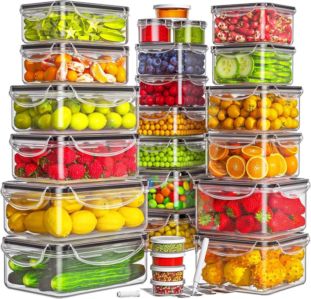 50-Piece Food Storage Containers with Lids (25 Containers & 25 Lids), Airtight Reusable Meal Prep Containers for Lunch, Plastic Kitchen Storage Containers with Labels & Marker Pen (25 PACK)