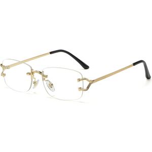 Rimless Sunglasses for Men Women Trendy Small Narrow Rectangle Metal Frame Sun Glasses Shades 90s Eyewear (A7* Gold / Transparent)