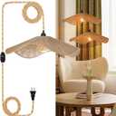 19.6" Boho Plug in Hanging Lamps, 16.4FT Dimmable Hemp Rope Pendant Light Cord Kit, Hand Woven Coastal Plug in Cord Hanging Lighting Fixture for Bedroom Living Room Kitchen Dining Room (Bulb Included)