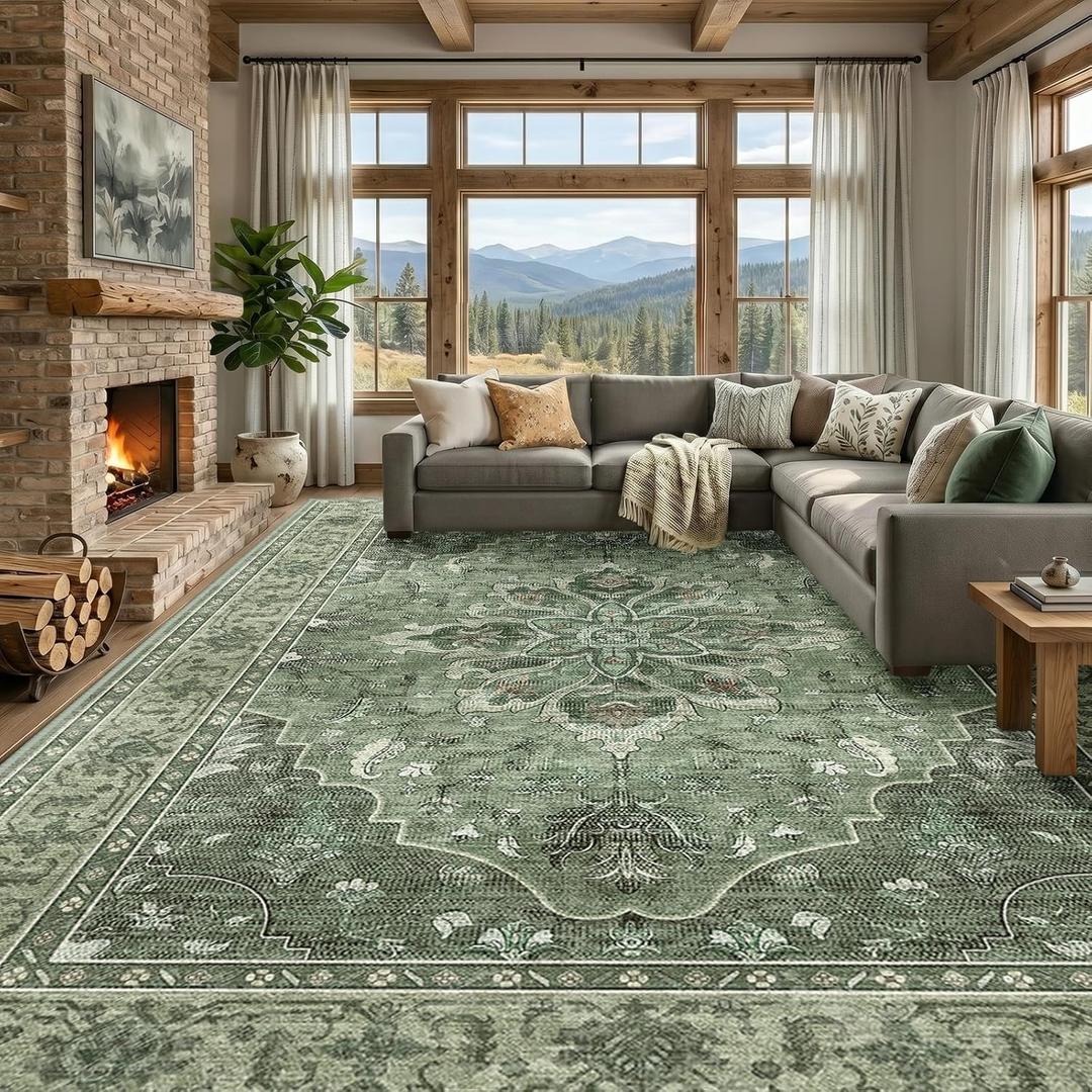 RELEANY Area Rugs Large 10'x12' Washable Non-Slip, Floral Vintage Distress Medallion Carpet for Living Room Bedroom Dining Room, Dark Green Gray