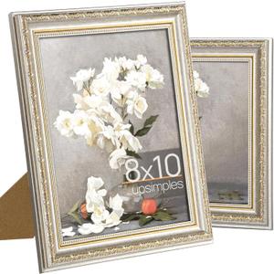 upsimples 8x10 Picture Frame with Real Glass, Ornate Vintage 8 x 10 Photo Frames for Wall Decor or Tabletop Display, White and Gold, 2 Pack