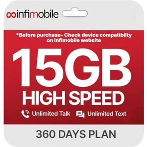 $12.50/Month | Infimobile Prepaid Unlimited Plan: 12 Months | 15GB High-Speed Data Per Month | Unlimited Data Talk & Text | Prepaid Plan Service SIM Card | Nationwide Coverage | 4G, 5G Network