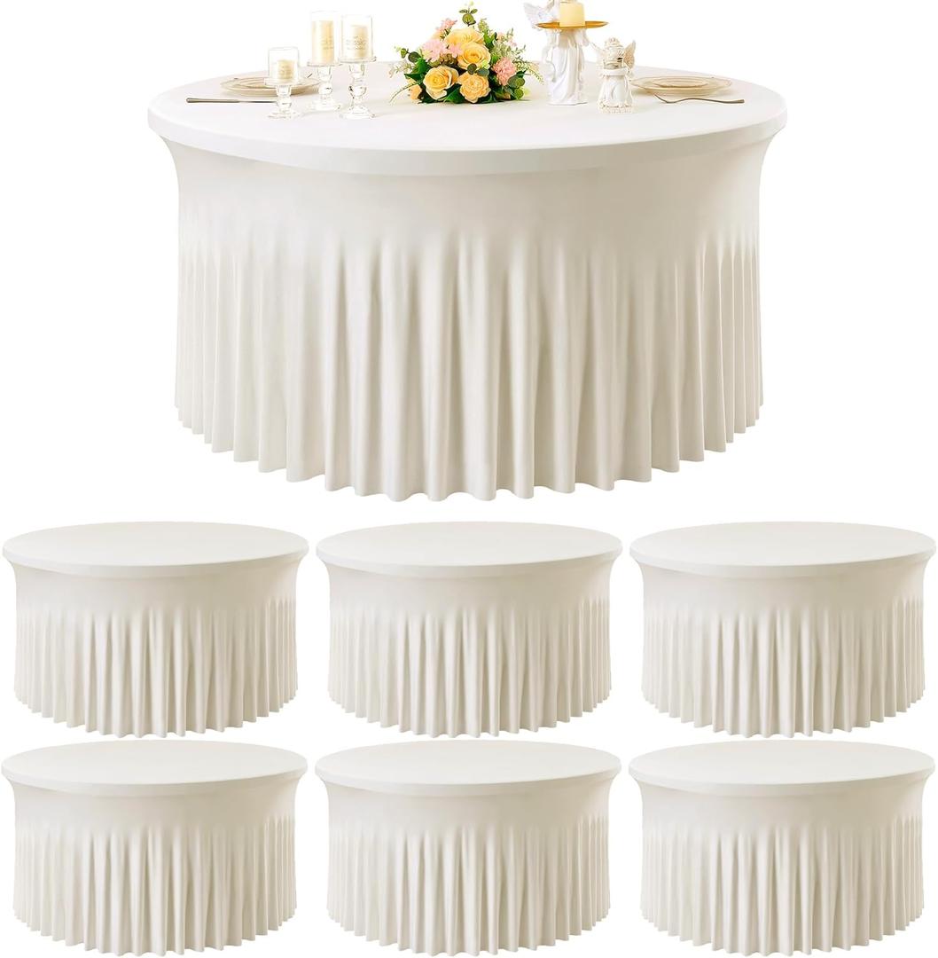 6 Pack Ivory Spandex Round Tablecloths for 72inch Table, Wrinkle Free 132in Stretchy Fitted 6ft Round Table Cloths Covers with Skirt for Wedding Birthday Parties Banquet Events