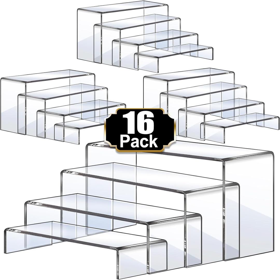 Aheroi Display Risers, 16 Pcs 4 Set(7L~8L~9L) Acrylic Riser Display Shelf, Clear Risers Display Stands, Rectangular Acrylic Risers for Decor Display, Cupcake Candy Shoe Showcase Stands